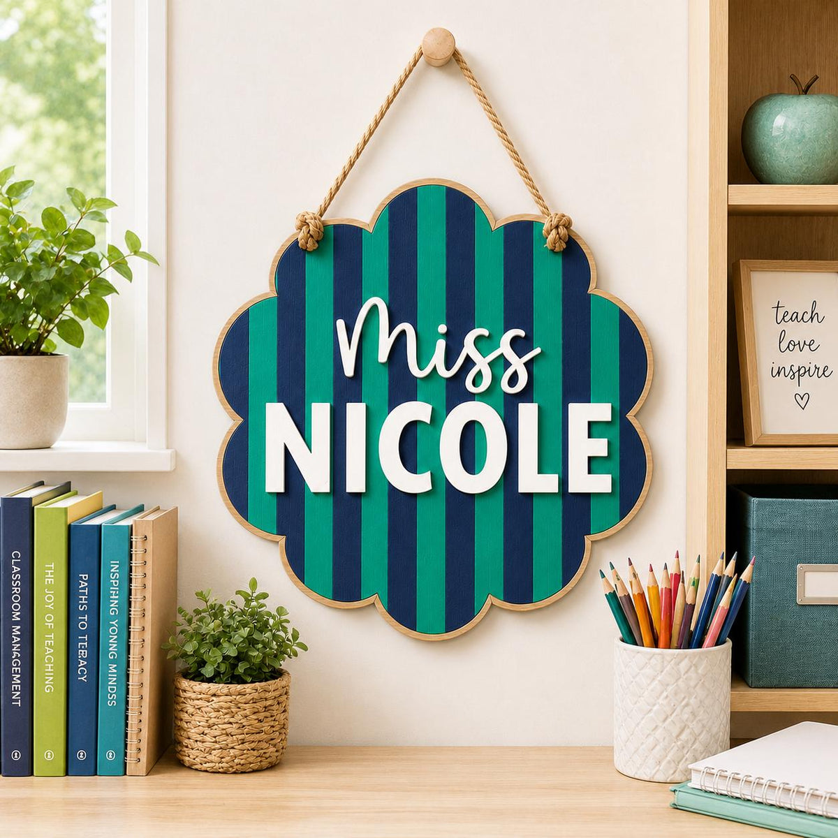 Personalized Teacher Door Sign, Scalloped Striped Wooden Name Plaque