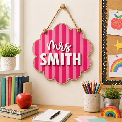 Personalized Teacher Door Sign, Scalloped Striped Wooden Name Plaque