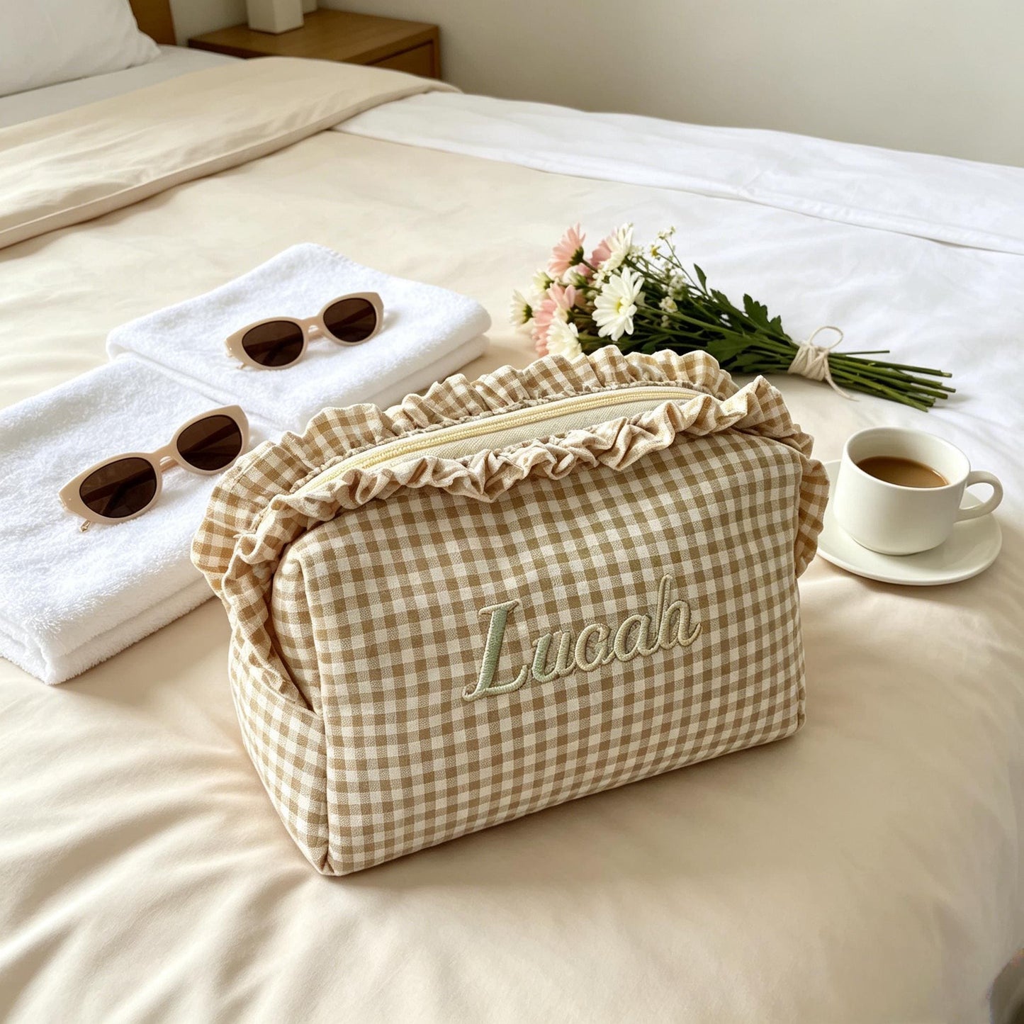Custom Embroidered Name Gingham Makeup Bag: Ruffle Frill Plaid Cosmetic