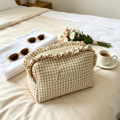 Custom Embroidered Name Gingham Makeup Bag: Ruffle Frill Plaid Cosmetic