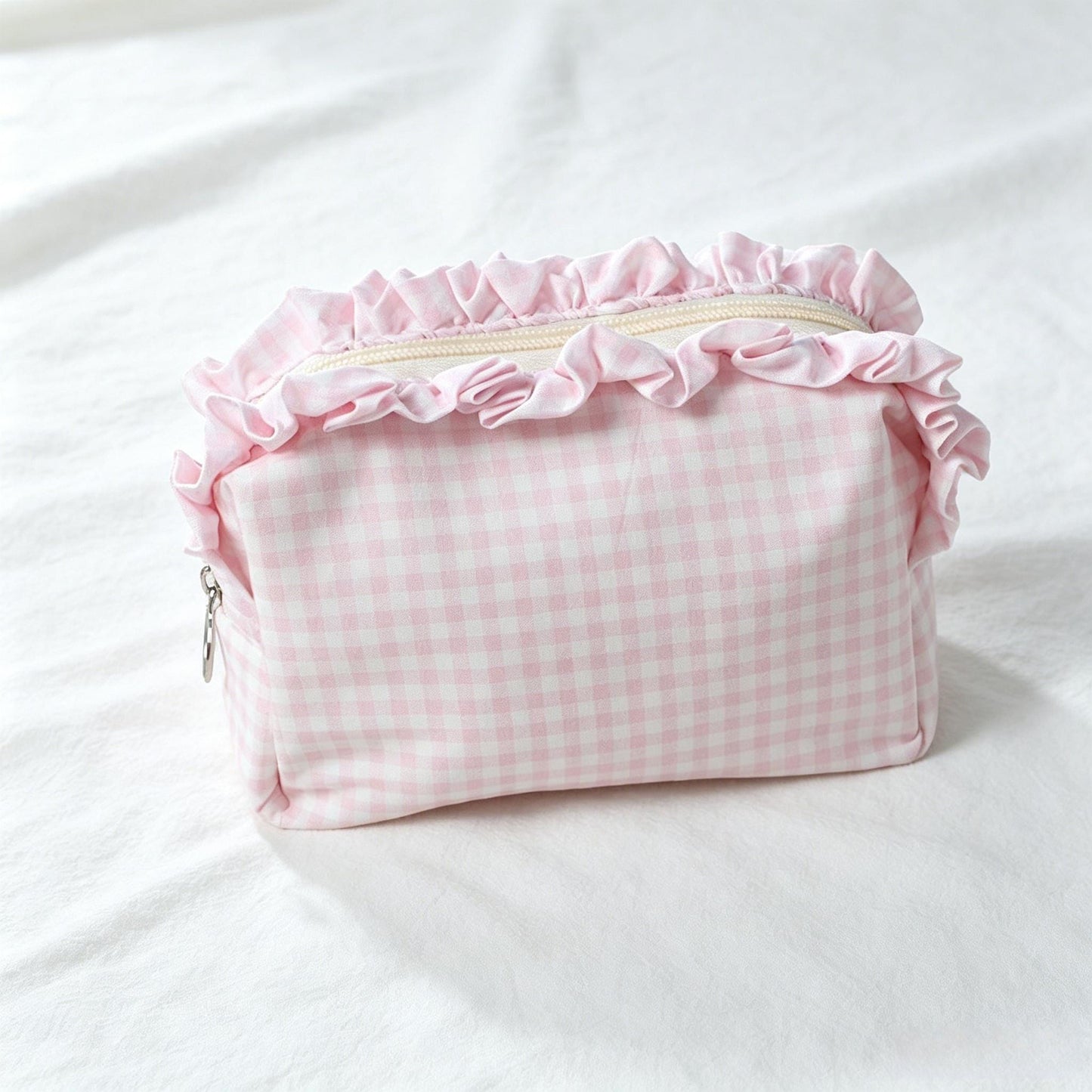 Custom Embroidered Name Gingham Makeup Bag: Ruffle Frill Plaid Cosmetic
