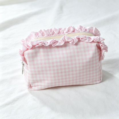 Custom Embroidered Name Gingham Makeup Bag: Ruffle Frill Plaid Cosmetic