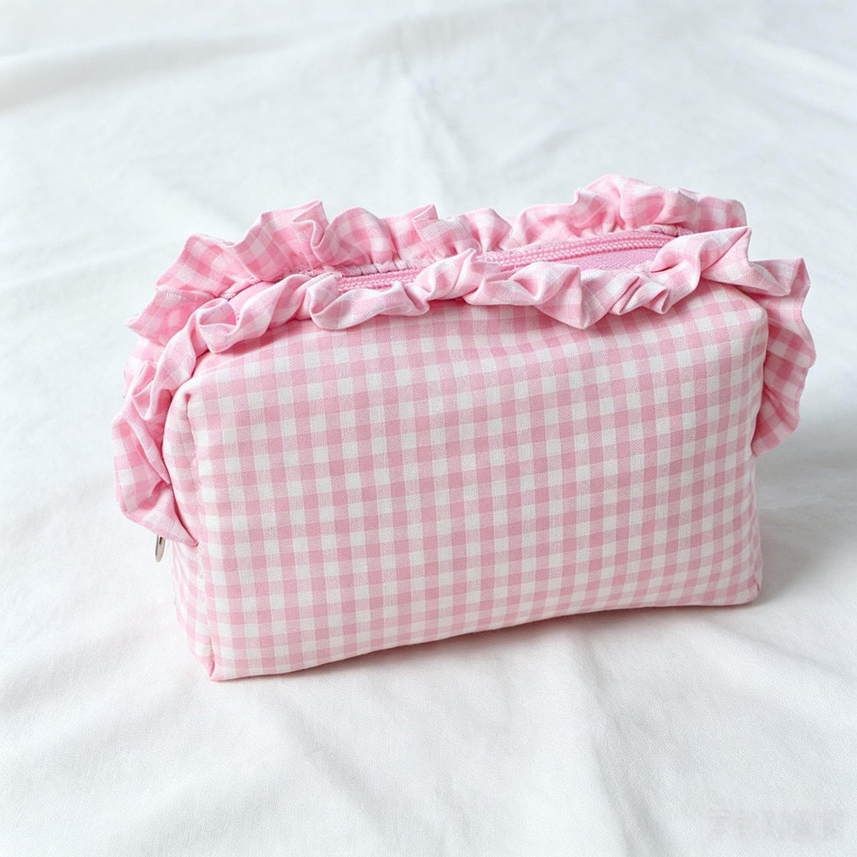 Custom Embroidered Name Gingham Makeup Bag: Ruffle Frill Plaid Cosmetic