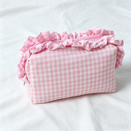 Custom Embroidered Name Gingham Makeup Bag: Ruffle Frill Plaid Cosmetic