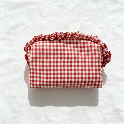 Custom Embroidered Name Gingham Makeup Bag: Ruffle Frill Plaid Cosmetic