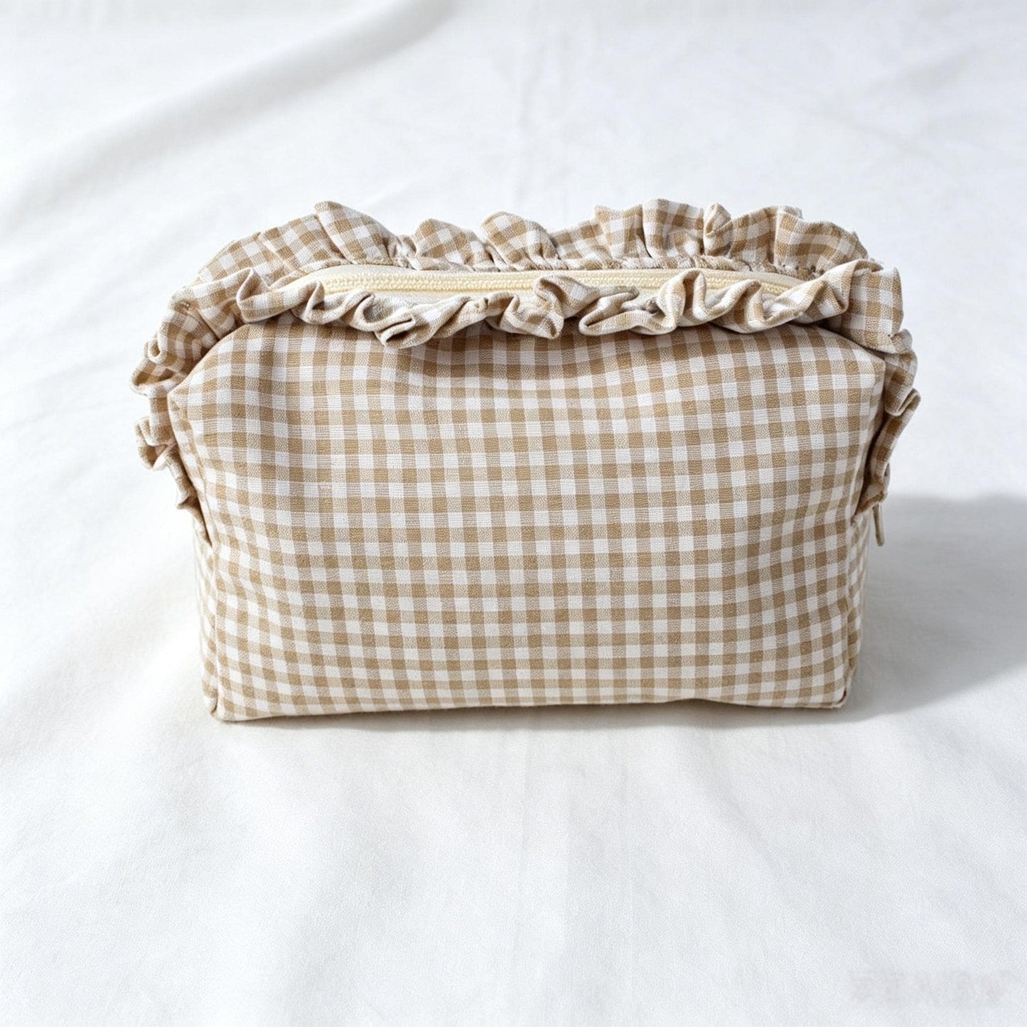 Custom Embroidered Name Gingham Makeup Bag: Ruffle Frill Plaid Cosmetic