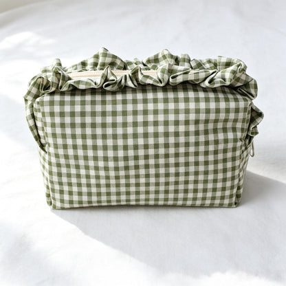 Custom Embroidered Name Gingham Makeup Bag: Ruffle Frill Plaid Cosmetic