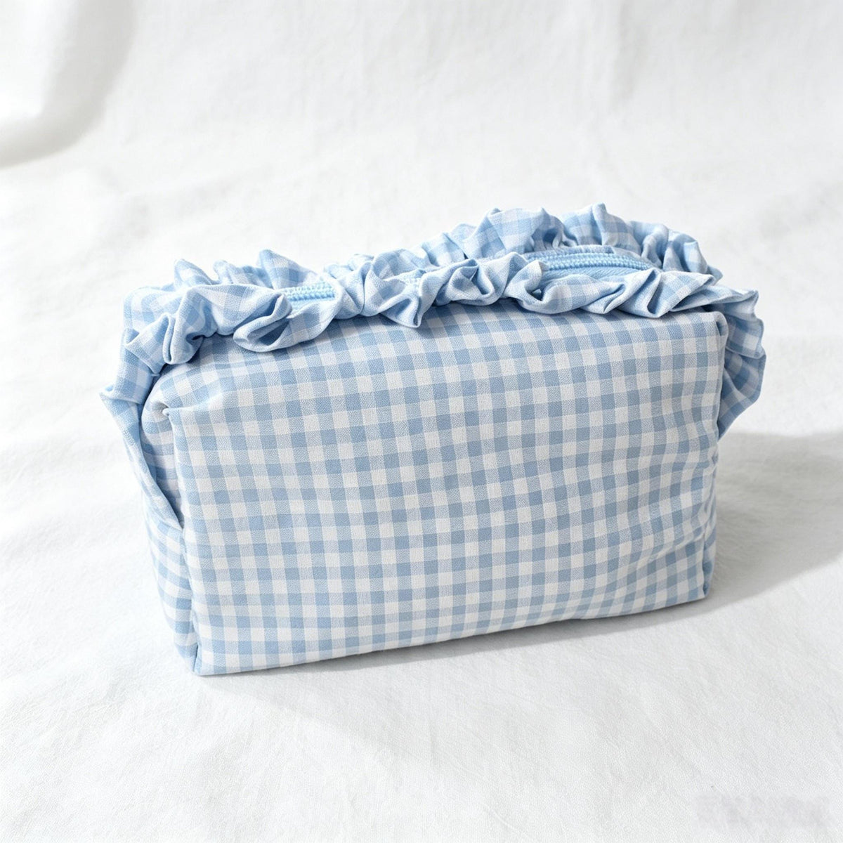 Custom Embroidered Name Gingham Makeup Bag: Ruffle Frill Plaid Cosmetic