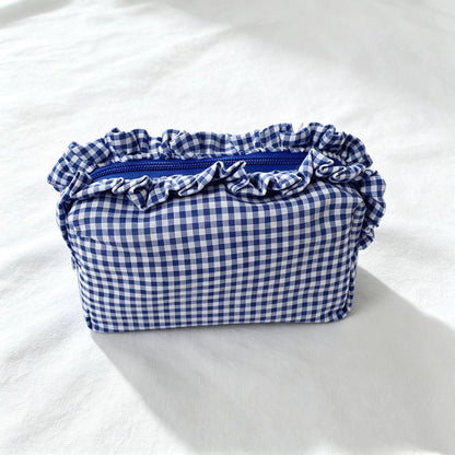 Custom Embroidered Name Gingham Makeup Bag: Ruffle Frill Plaid Cosmetic