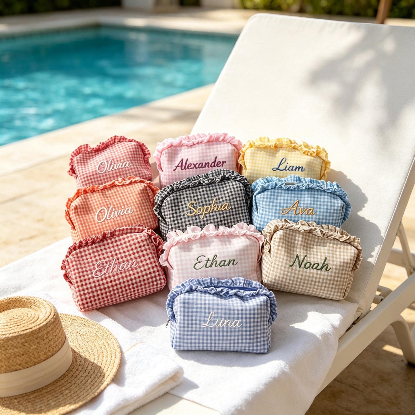Custom Embroidered Name Gingham Makeup Bag: Ruffle Frill Plaid Cosmetic