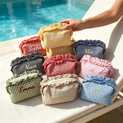 Custom Embroidered Name Gingham Makeup Bag: Ruffle Frill Plaid Cosmetic