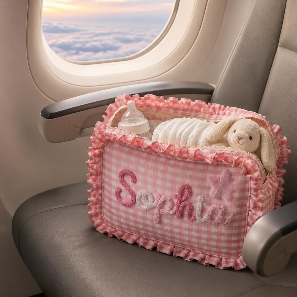 Personalized Baby Girl Diaper Bag, Custom Gingham Diaper Wipe Pouch