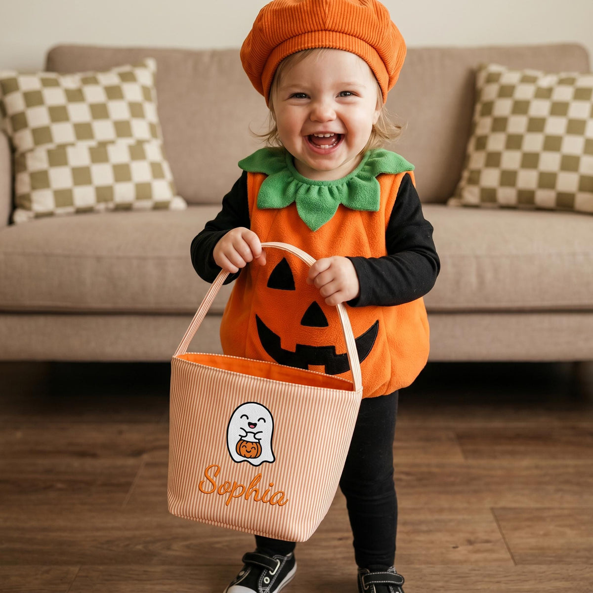 Personalized Seersucker Halloween Trick or Treat Basket, Kids Candy Bucket