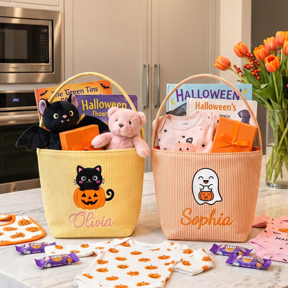 Personalized Seersucker Halloween Trick or Treat Basket, Kids Candy Bucket