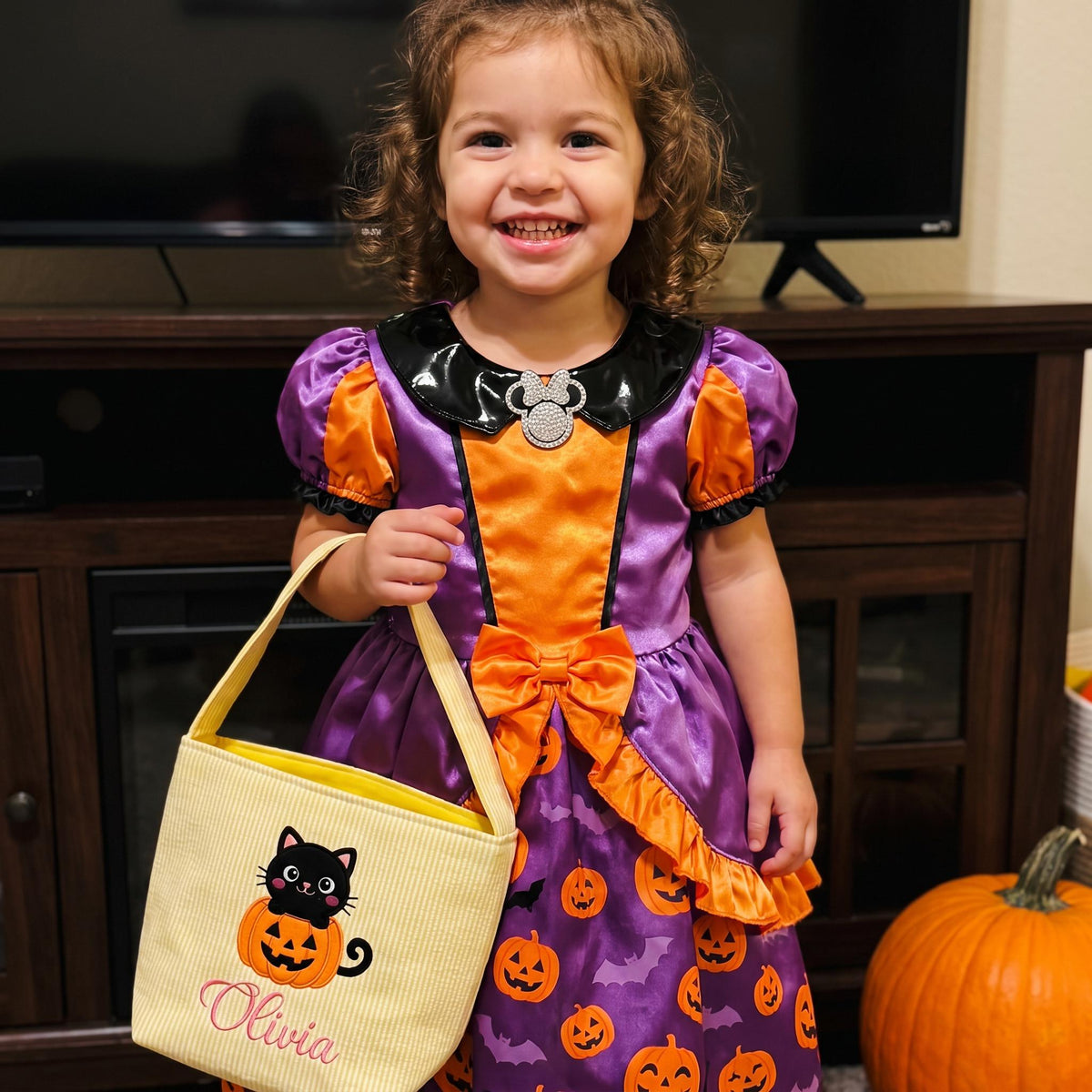 Personalized Seersucker Halloween Trick or Treat Basket, Kids Candy Bucket