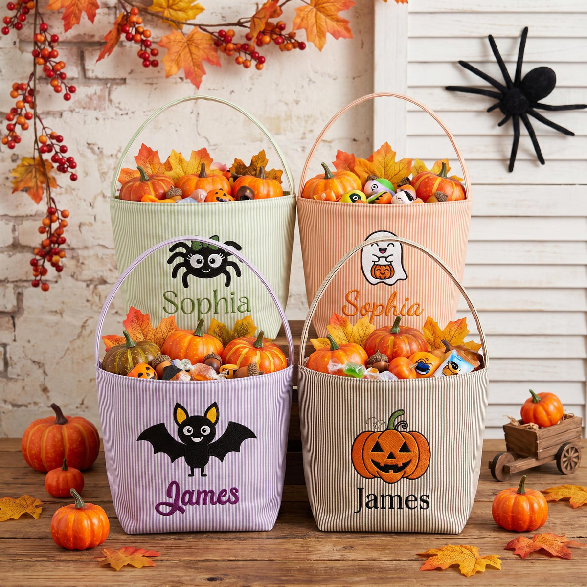 Personalized Seersucker Halloween Trick or Treat Basket, Kids Candy Bucket