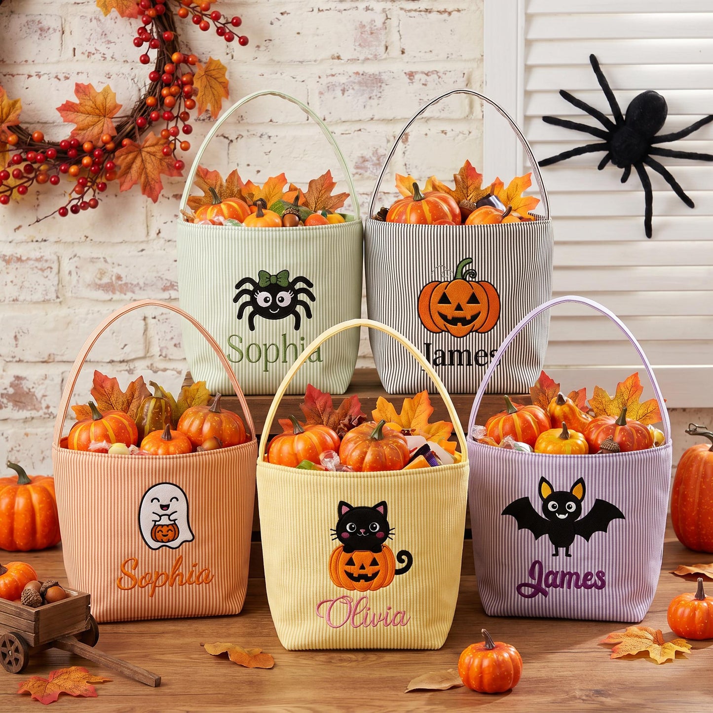 Personalized Seersucker Halloween Trick or Treat Basket, Kids Candy Bucket