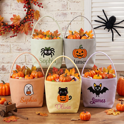 Personalized Seersucker Halloween Trick or Treat Basket, Kids Candy Bucket