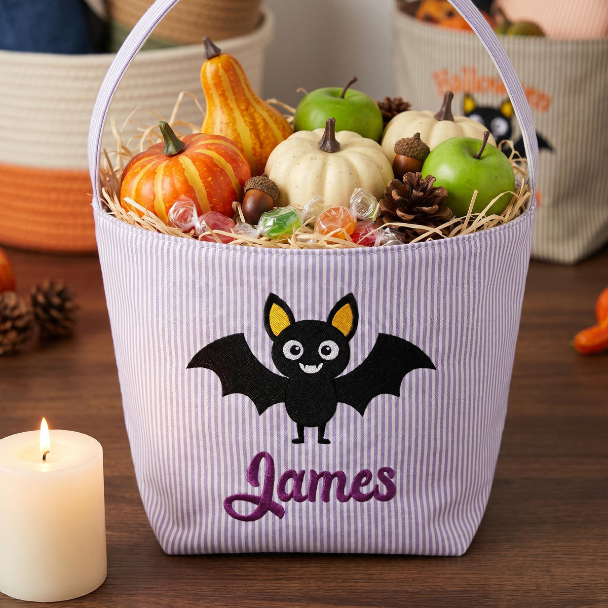 Personalized Seersucker Halloween Trick or Treat Basket, Kids Candy Bucket