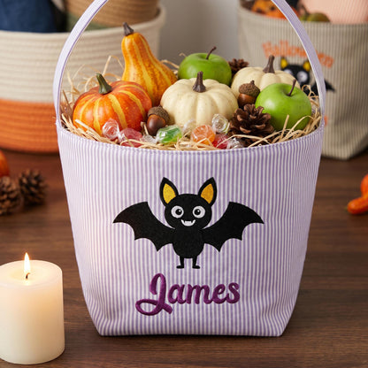 Personalized Seersucker Halloween Trick or Treat Basket, Kids Candy Bucket