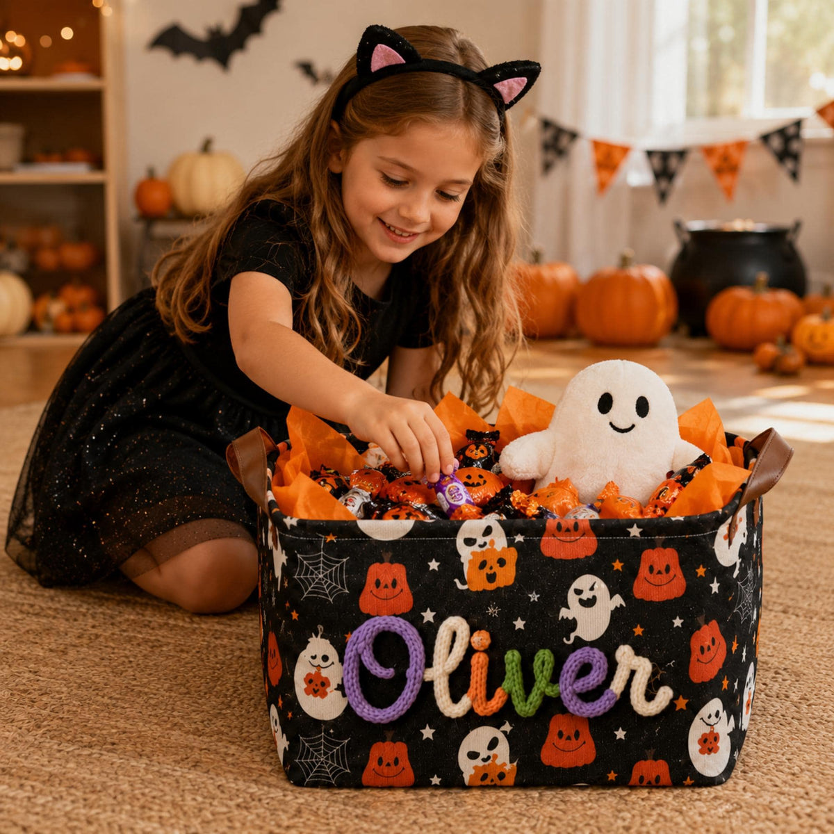 Halloween Storage Basket, Personalized Boo Basket, Custom Name Candy Basket
