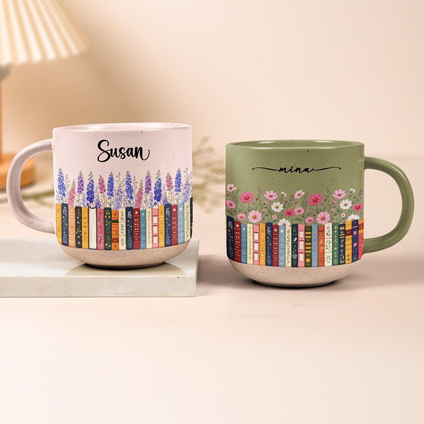 Custom Name & Birthflower Pottery Mug, Personalized Gift for Book Lovers, Book Clubs