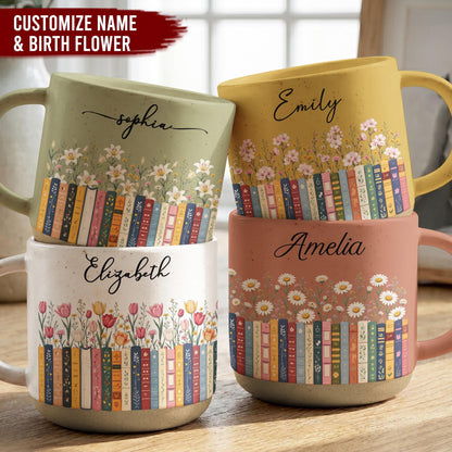 Custom Name & Birthflower Pottery Mug, Personalized Gift for Book Lovers, Book Clubs