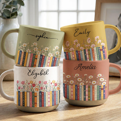 Custom Name & Birthflower Pottery Mug, Personalized Gift for Book Lovers, Book Clubs