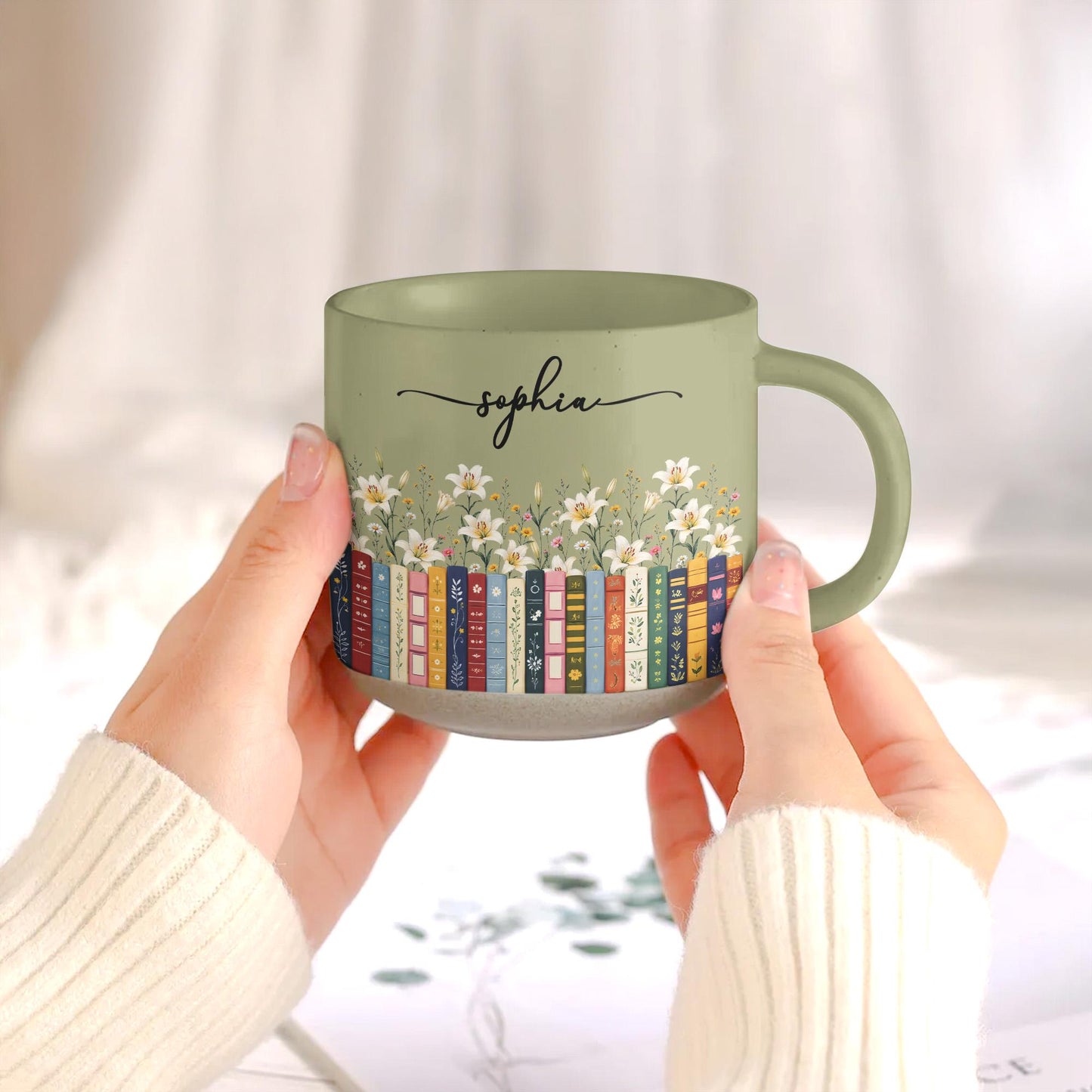 Custom Name & Birthflower Pottery Mug, Personalized Gift for Book Lovers, Book Clubs