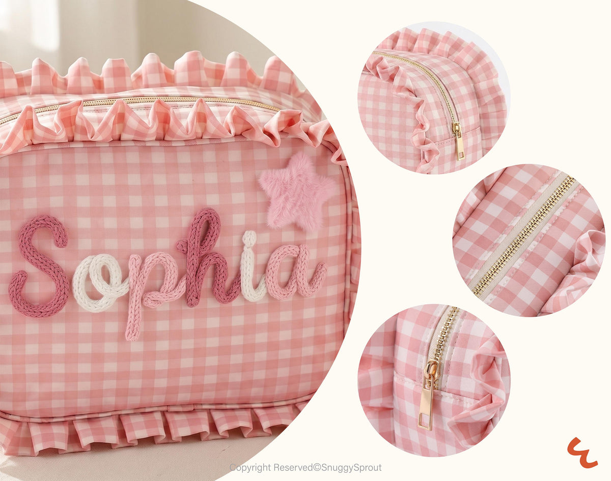 Personalized Baby Girl Diaper Bag, Custom Gingham Diaper Wipe Pouch