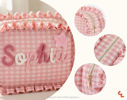 Personalized Baby Girl Diaper Bag, Custom Gingham Diaper Wipe Pouch