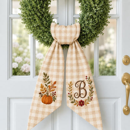 Personalized Fall Wreath Sash, Pumpkin Door Bow With Monogram
