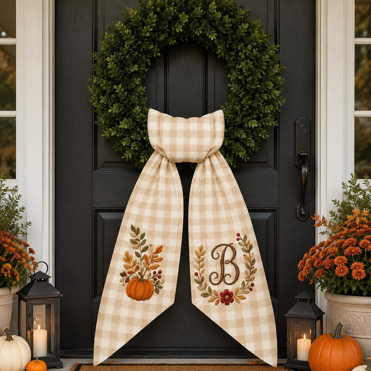 Personalized Fall Wreath Sash, Pumpkin Door Bow With Monogram