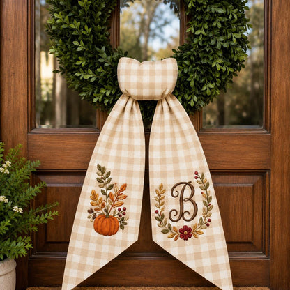 Personalized Fall Wreath Sash, Pumpkin Door Bow With Monogram