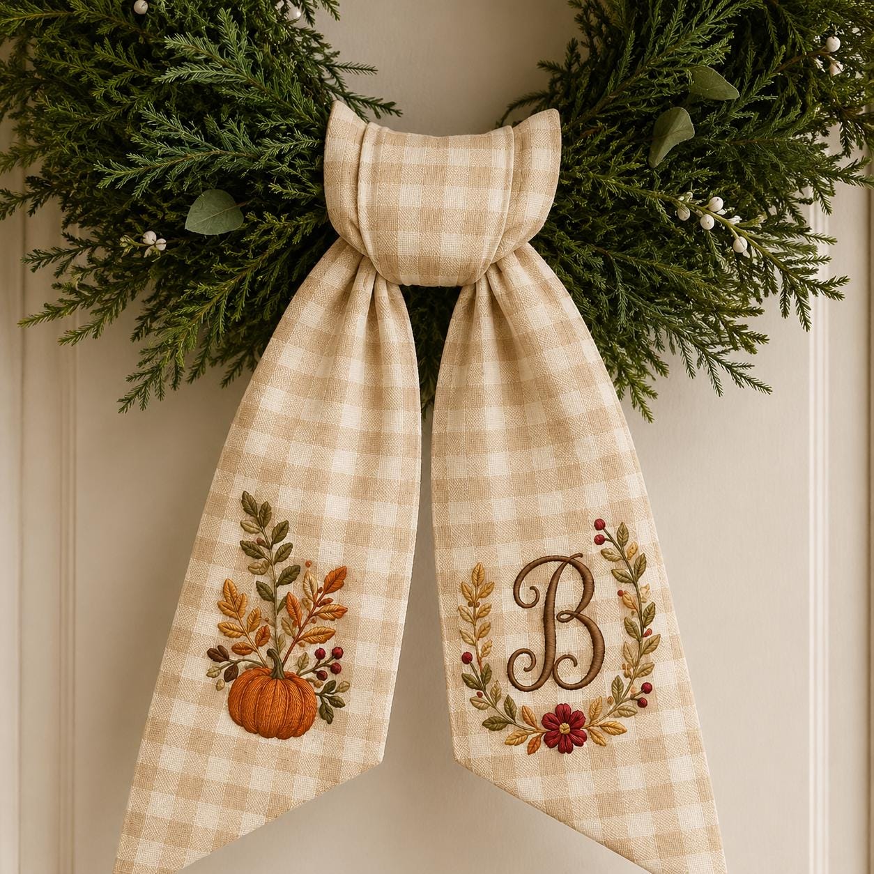 Personalized Fall Wreath Sash, Pumpkin Door Bow With Monogram