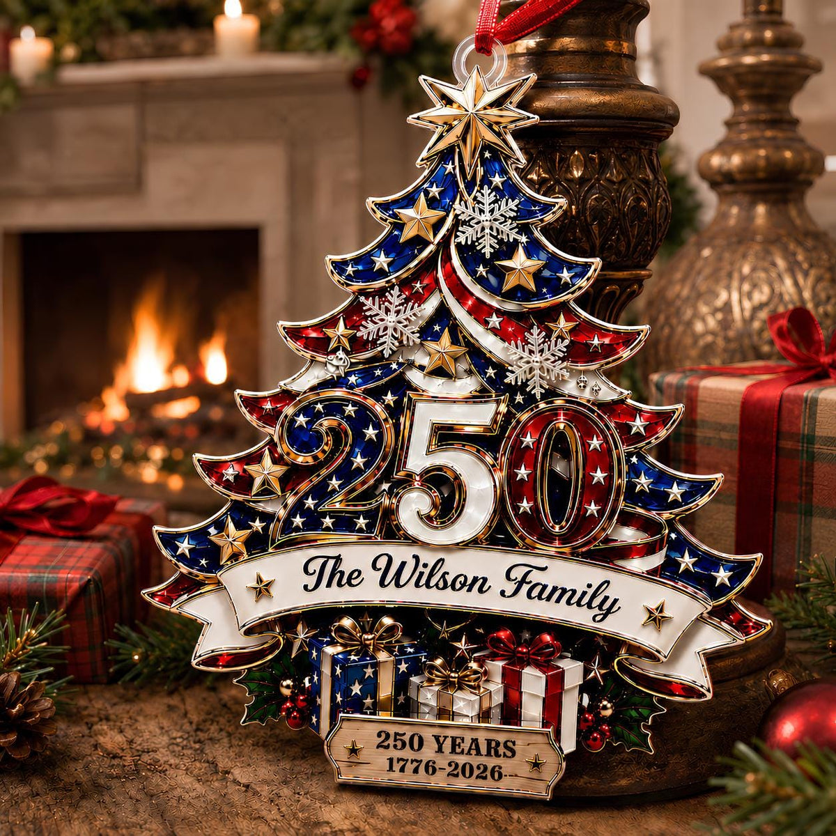 Custom 250th Anniversary Acrylic Ornament, Personalized  America Patriotic Family Christmas Tree Decor