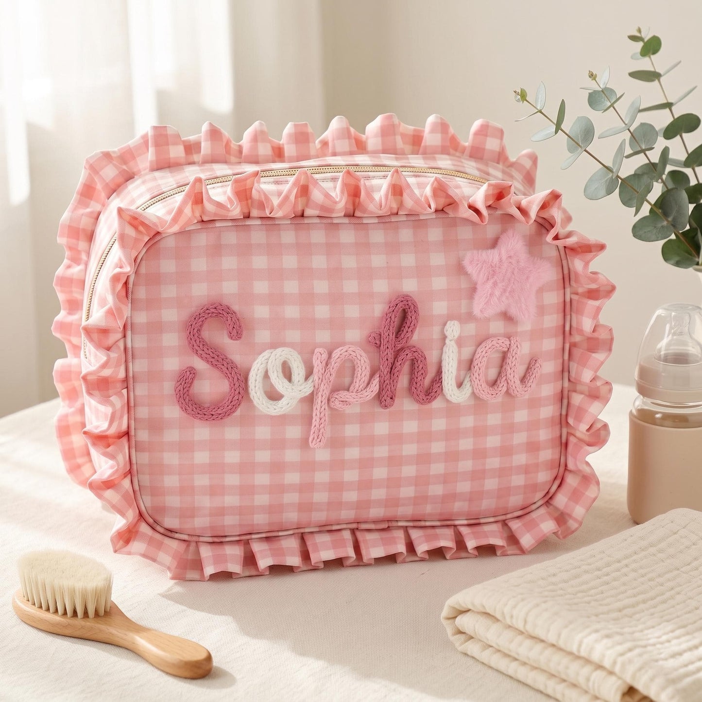 Personalized Baby Girl Diaper Bag, Custom Gingham Diaper Wipe Pouch