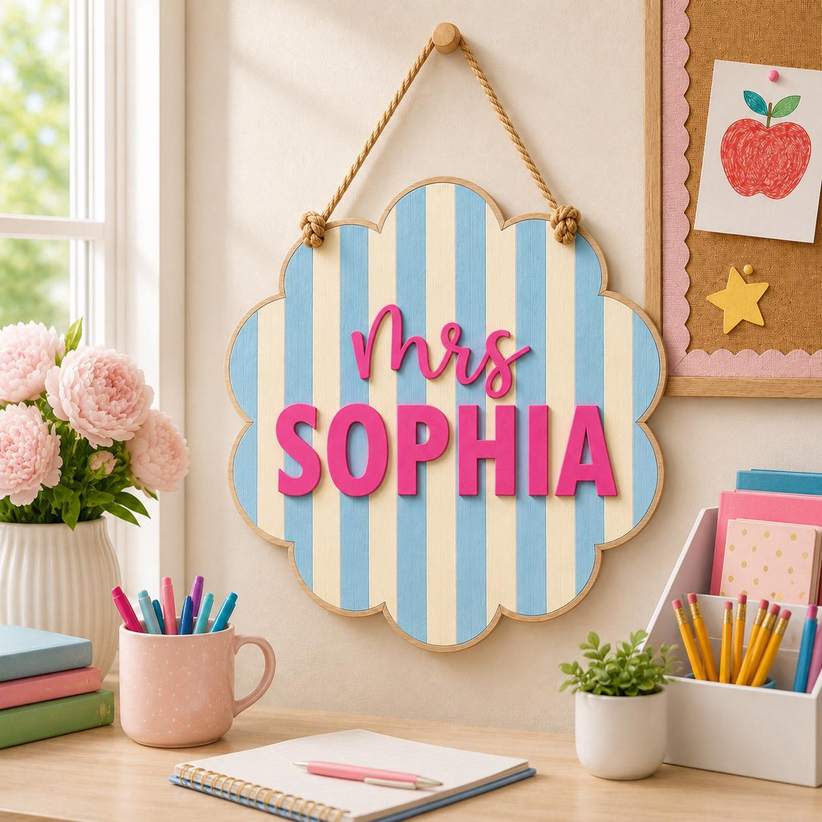 Personalized Teacher Door Sign, Scalloped Striped Wooden Name Plaque