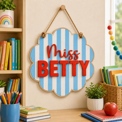 Personalized Teacher Door Sign, Scalloped Striped Wooden Name Plaque