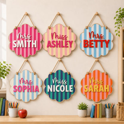 Personalized Teacher Door Sign, Scalloped Striped Wooden Name Plaque