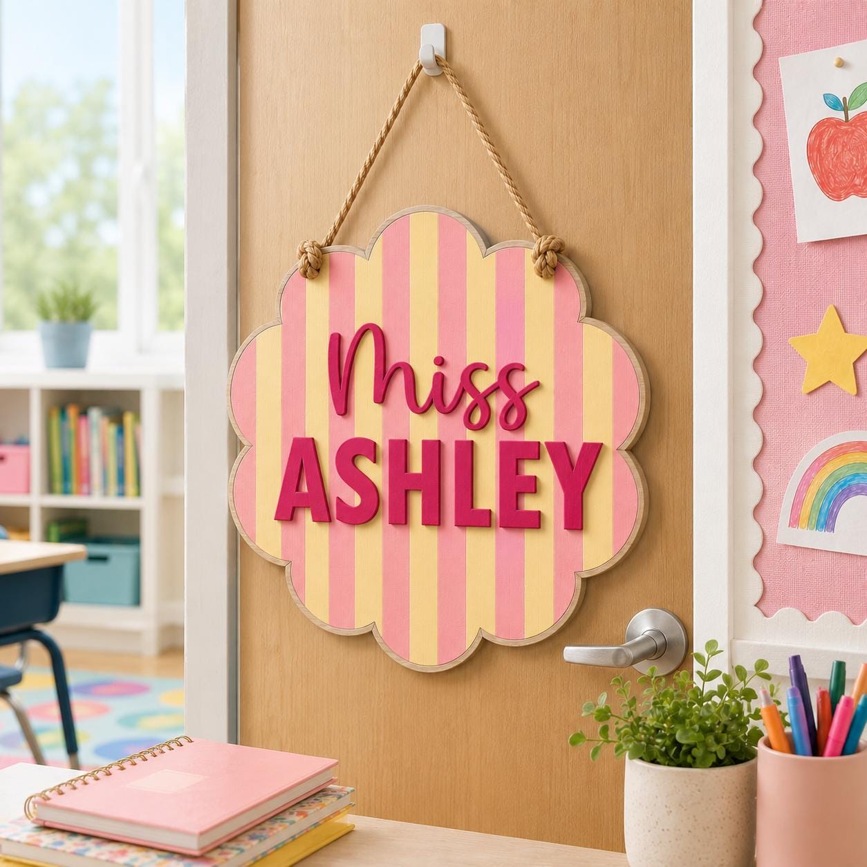 Personalized Teacher Door Sign, Scalloped Striped Wooden Name Plaque