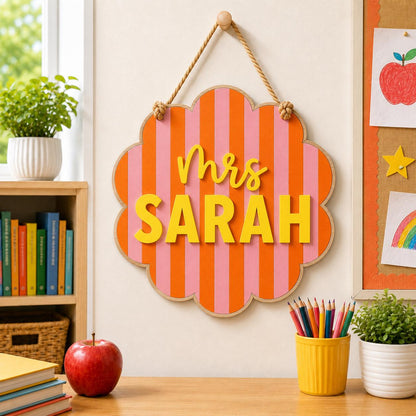 Personalized Teacher Door Sign, Scalloped Striped Wooden Name Plaque