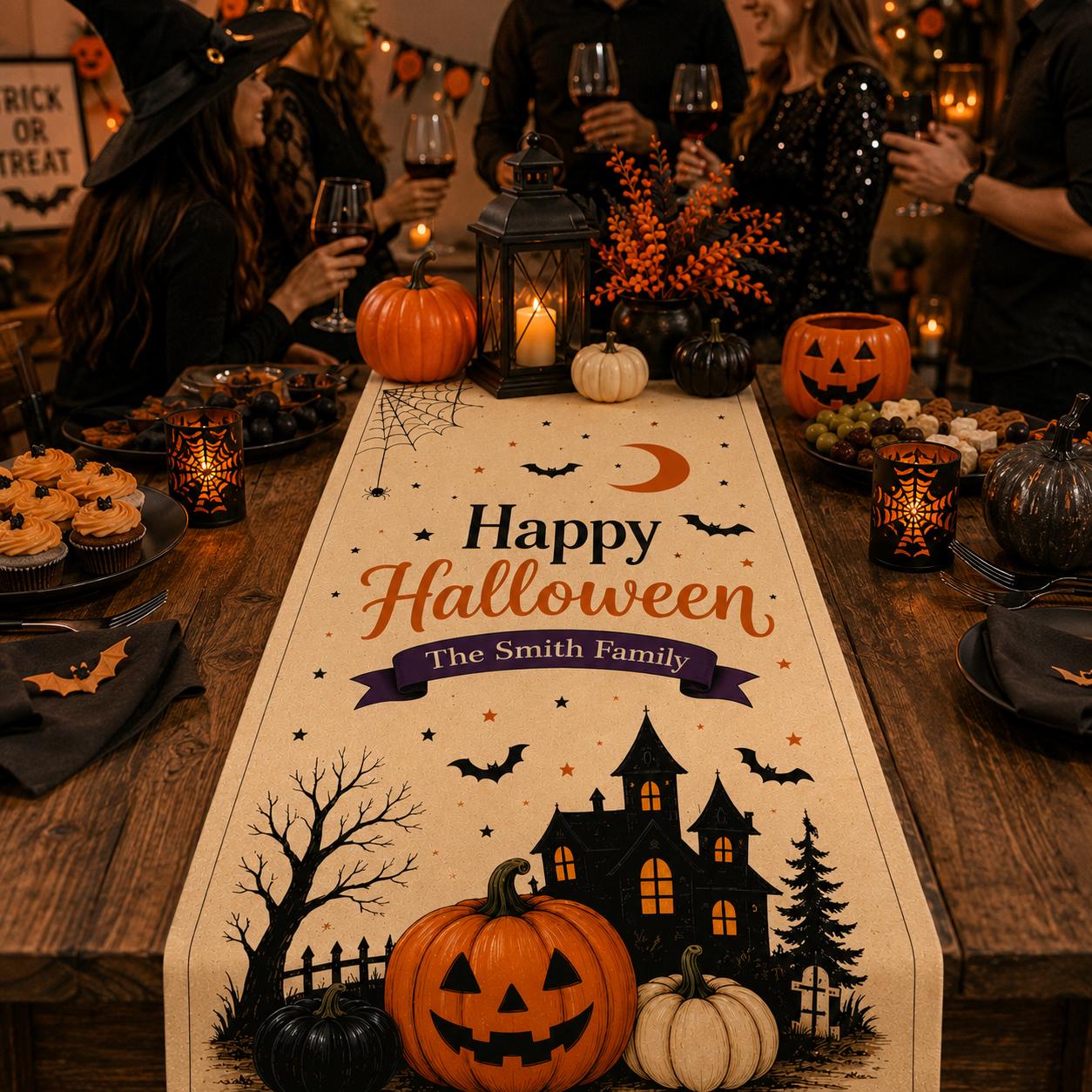 Custom Halloween Linen Table Runner, Personalized Family Halloween Decor