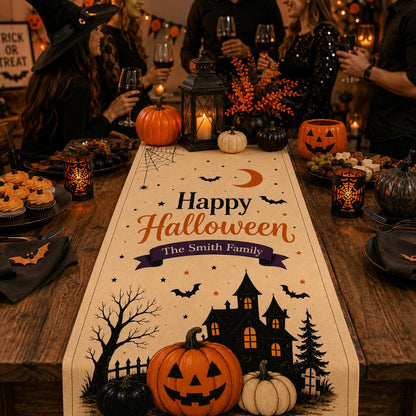 Custom Halloween Linen Table Runner, Personalized Family Halloween Decor