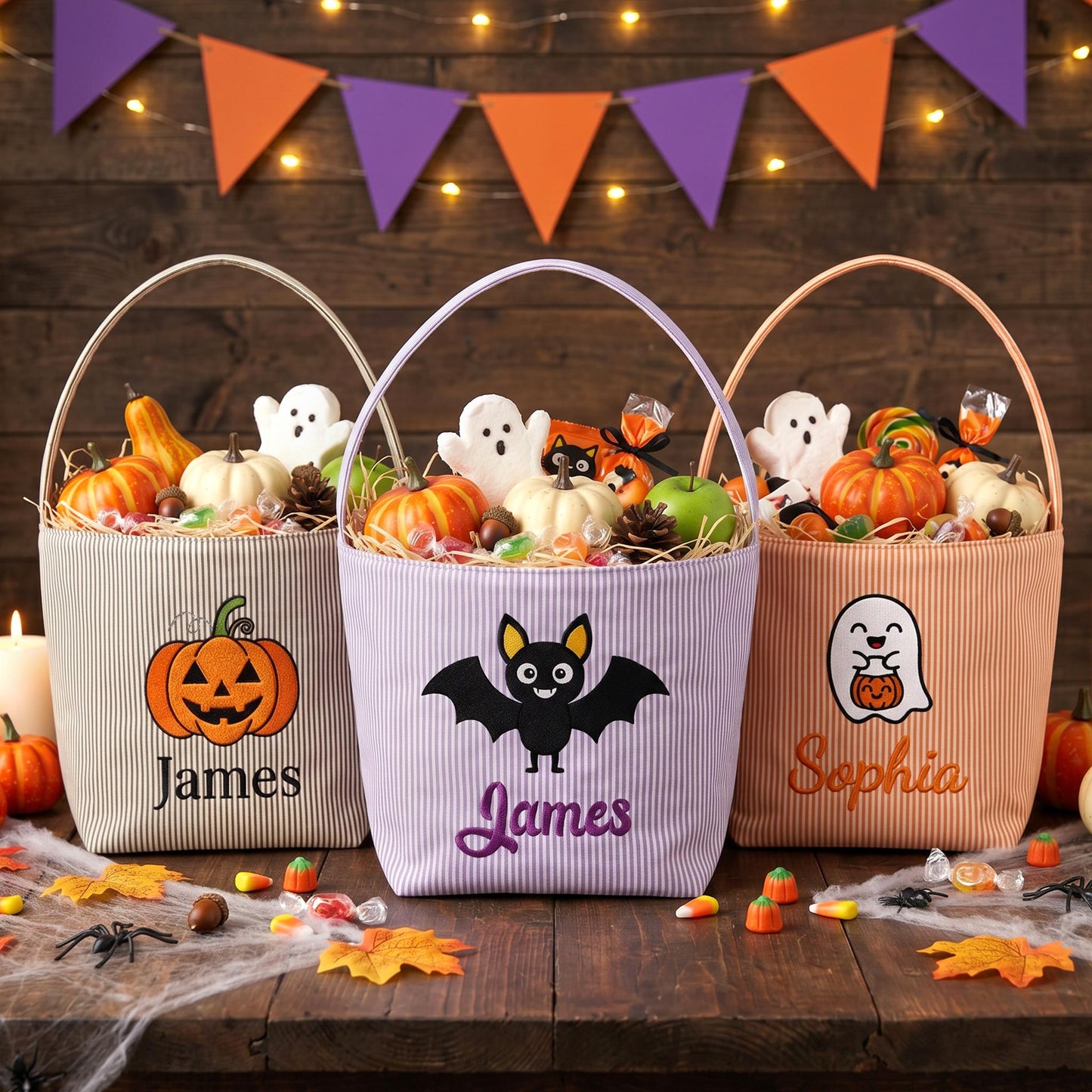 Personalized Seersucker Halloween Trick or Treat Basket, Kids Candy Bucket