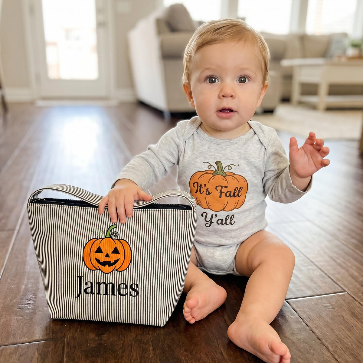 Personalized Seersucker Halloween Trick or Treat Basket, Kids Candy Bucket