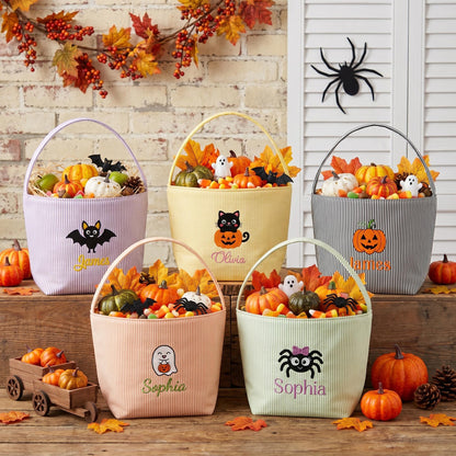 Personalized Seersucker Halloween Trick or Treat Basket, Kids Candy Bucket