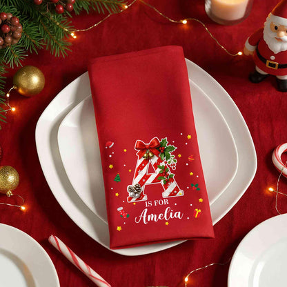 Personalized Christmas Cotton Napkin with Name | Candy Cane Initial | Party Table Decor