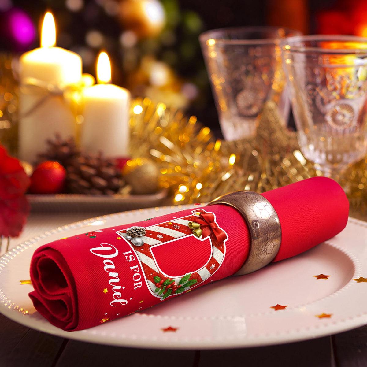 Personalized Christmas Cotton Napkin with Name | Candy Cane Initial | Party Table Decor