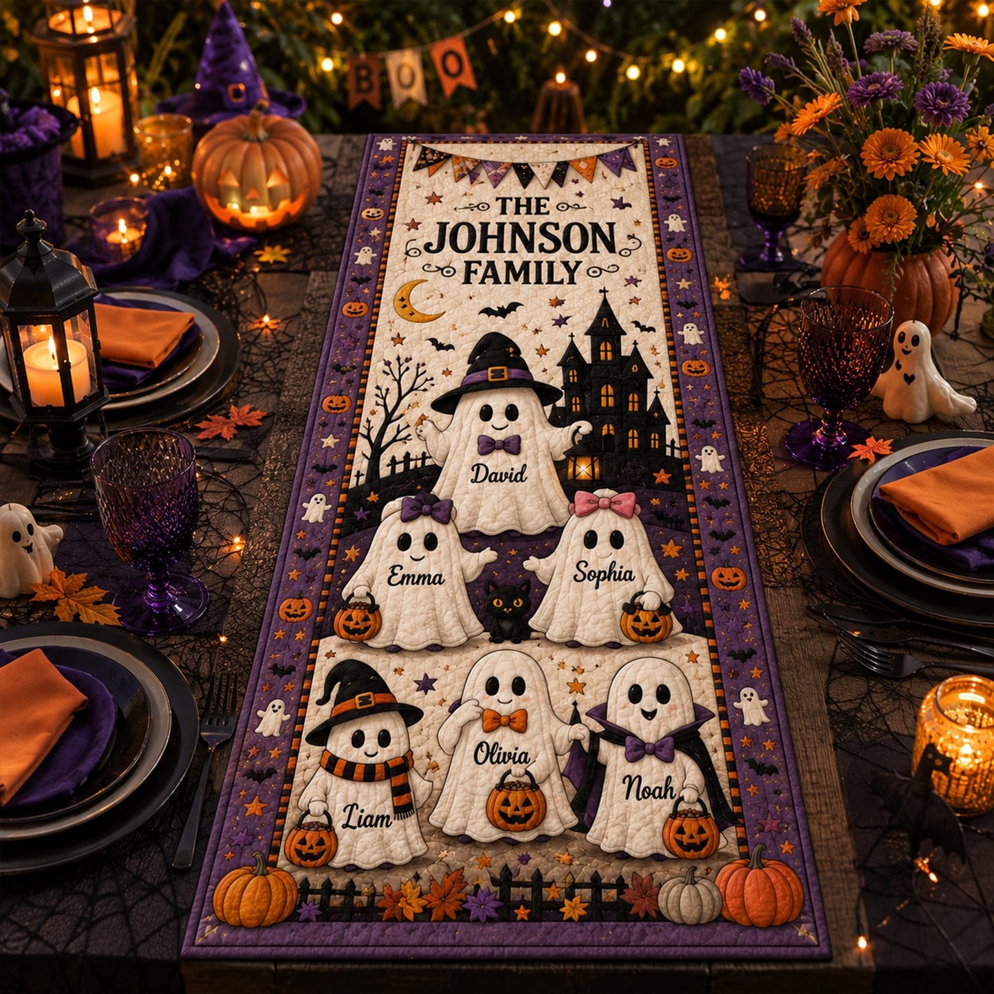 Personalized Halloween Ghost Family Quilted Table Runner, Custom Family Name Table Runner